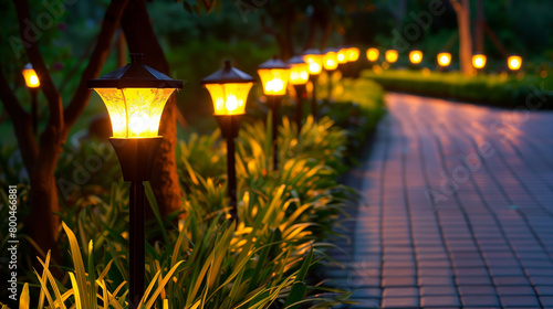 Peaceful park illuminated in evening, Solar path lights on park at night, light up the stone walking path and plants with warm yellow color photo