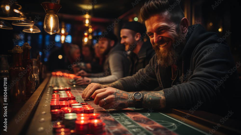 3 amis jouant au poker au bar, riant et s'amusant, l'un d'eux porte un chapeau et des lunettes tenant des cartes 3 amis jouant au poker au bar, riant et s'amusant, l'un d'eux porte un chapeau et des lunettes tenant des cartes