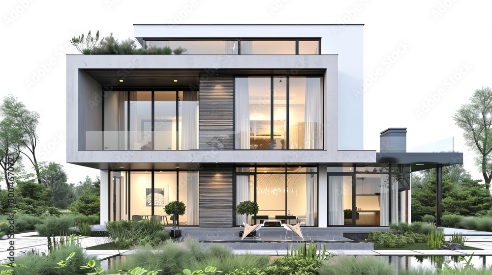 3D rendering illustrating the architecture of a modern minimalist house against a white backdrop.