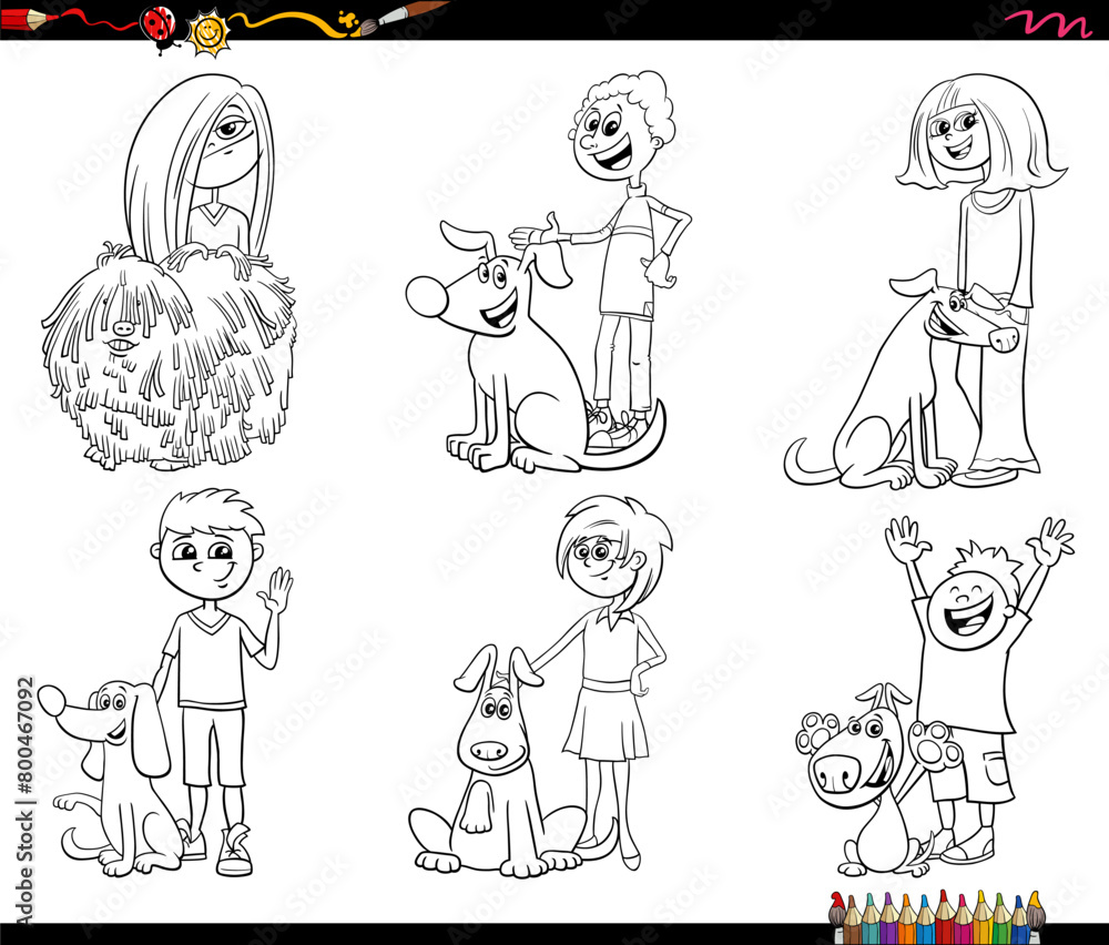 cartoon children and dogs characters set coloring page cartoon children and dogs characters set coloring page
