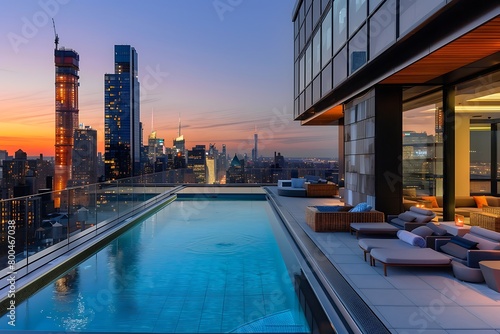 A minimalist rooftop pool with a rectangular design, minimalist lounge chairs, and unobstructed views of the surrounding cityscape, offering a luxurious retreat.