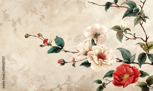 Chinese ink painting blooming camellias flower background, copy space, wealth and splendor, zen, new year, prosperity, Asian calligraphy wallpaper.