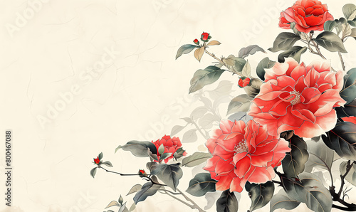 Chinese ink painting blooming camellias flower background, copy space, wealth and splendor, zen, new year, prosperity, Asian calligraphy wallpaper.