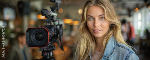 Young woman with camera in film production setting © gearstd