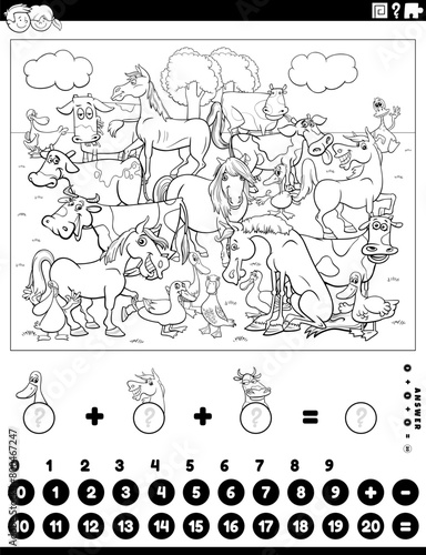 counting and adding activity with farm animals coloring page