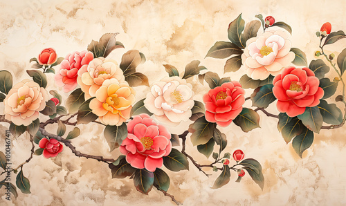 Chinese ink painting blooming camellias flower background, wealth and splendor, zen, new year, prosperity, Asian calligraphy wallpaper.