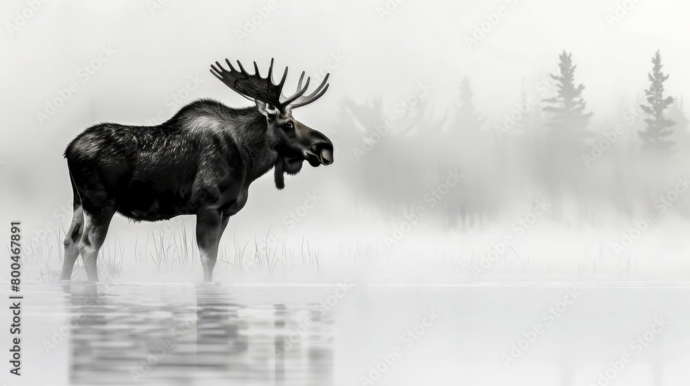   A moose wades in a body of water, its large antlers reflected in the surface Trees line the background, their branches softened by fog rolling through the scene