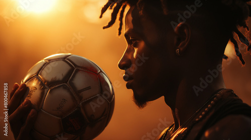 Gros plan d'un joueur de football africain embrassant le ballon au coucher du soleil, lumière du soleil