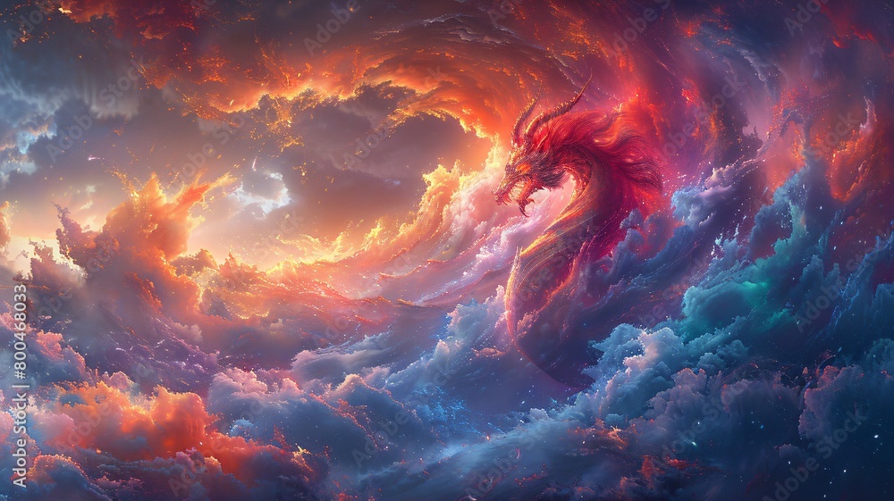 Illustration of dragon flying through the clouds with the sun