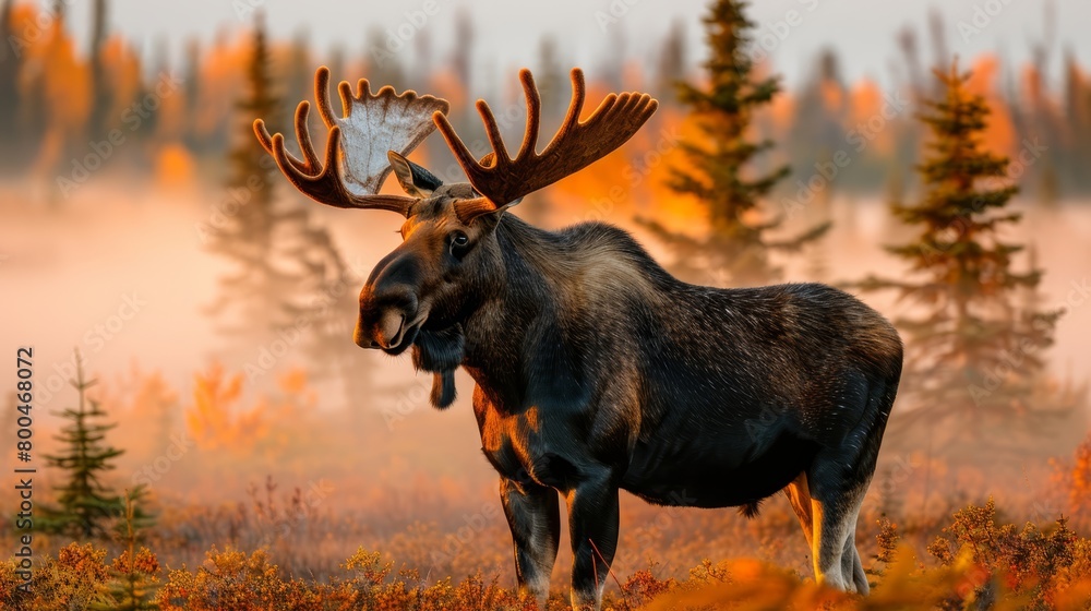 A moose, featuring large antlers, stands in a verdant field dotted with trees Background includes fog shrouding the landscape A moose, featuring large antlers, stands in a verdant field dotted with trees Background includes fog shrouding the landscape