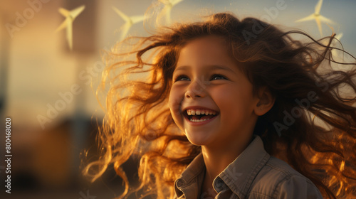 une petite fille souriante et d'une centrale éolienne, ciel avec fond de nuages photo