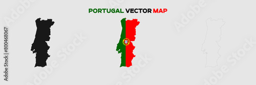 Portugal Map Vector Pack. Map with Flag. Gray Map Silhouette. Gray Outline Map. Editable EPS file. 