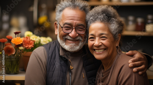 Joyeux couple de personnes âgées s'embrassant dans la cuisine à la maison, couleurs chaudes et visages heureux, vieil homme riant tenant sa femme par derrière pendant qu'elle regarde la caméra en sour photo