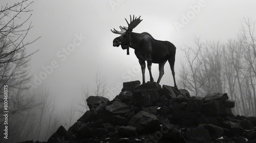  A monochrome image of a moose atop rocks, surrounded by trees in the background