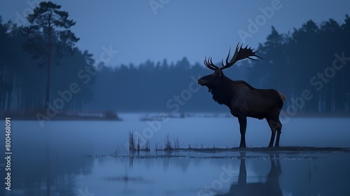   A moose stands in a body of water, surrounded by trees and shrouded in foggy air © Viktor