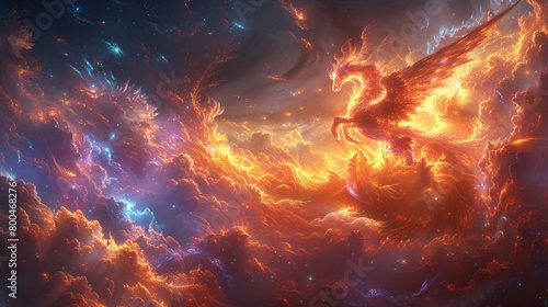 Illustration of dragon pegasus through the clouds with the sun