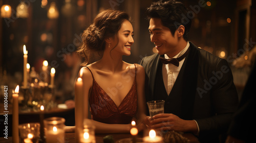 Deux jeunes Asiatiques, un homme et deux femmes vêtus de tenues formelles, sourient en portant un toast avec des coupes de champagne lors d'une élégante soirée. photo