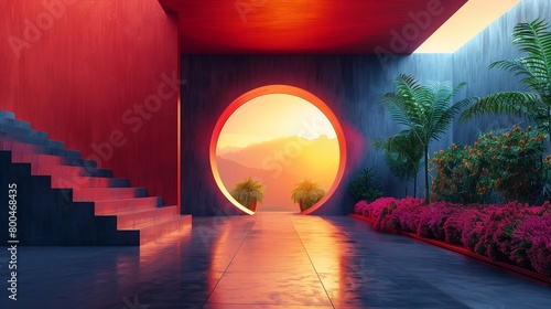 Abstract room with staircase and round window with mountain view in minimalist style © Nataliia