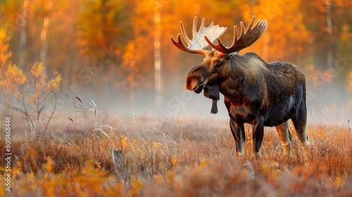  A moose, boastinglarge antlers, stands amidst a field of tall grass and autumnal trees sheddingorange and yellow leaves