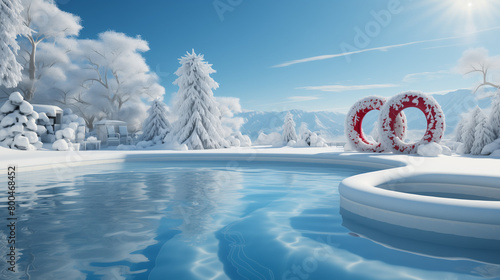 L'hiver fait de glace et d'eau, avec un fond de piscine, un anneau gonflable dans les airs.