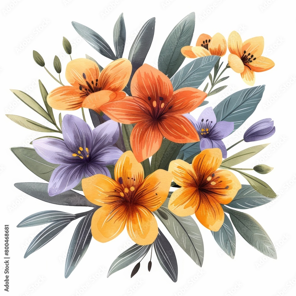 A Bouquet of Flowers With Leaves on a White Background A Bouquet of Flowers With Leaves on a White Background