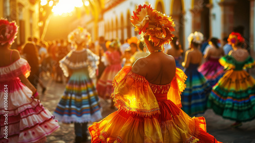 Vibrant Traditional Mexican Dancers at Cultural Festival. Cinco de Mayo festive holiday concept. Generative ai