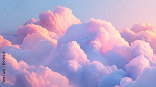 The image presents a surreal expanse of cumulus clouds bathed in soft pastel pinks and blues, evoking a sense of calm and daydream photo