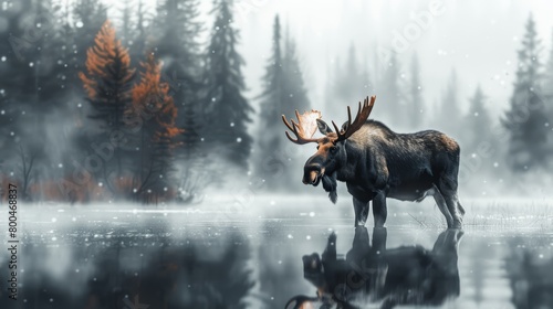  A moose stands in a body of water, surrounded by trees and snowfall