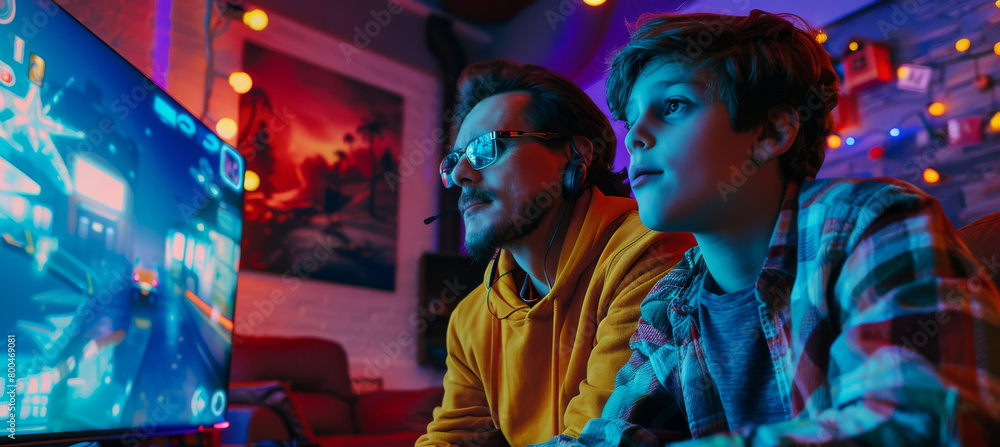 Father and Son Playing Video Games Together in Living Room in Night. Generative ai Father and Son Playing Video Games Together in Living Room in Night. Generative ai