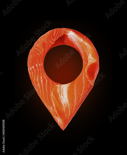 Location symbol made of red fish slices on a black background © Krafla