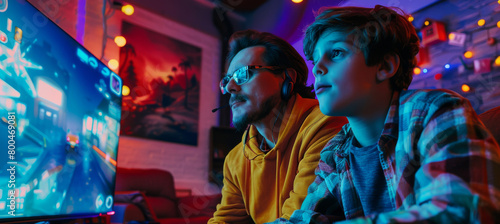 Father and Son Playing Video Games Together in Living Room in Night. Generative ai