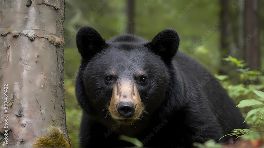 Close-Up Encounter: Black Bear Gazing into Camera in Woods, Generative AI Close-Up Encounter: Black Bear Gazing into Camera in Woods, Generative AI