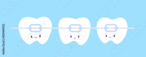 Cute smiling teeth with braces isolated on light blue background. Concept of dental clinic, dentistry, wearing braces, teeth straightening. Flat vector illustration cartoon character.