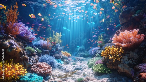 A colorful coral reef with a variety of fish swimming around