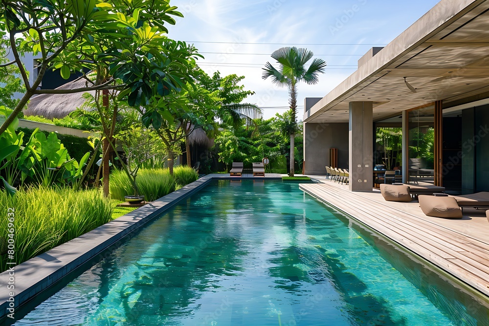 A minimalist swimming pool with clean lines, surrounded by a spacious deck and framed by lush greenery, offering a serene space for relaxation.