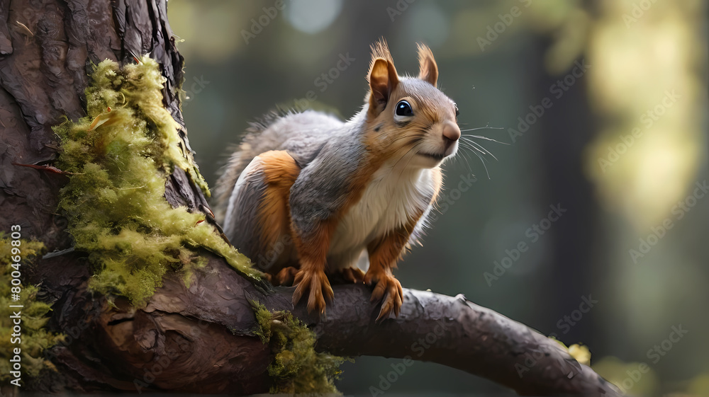 Fototapeta premium Curious Squirrel Perched on Tree Branch in Woodland, Generative AI