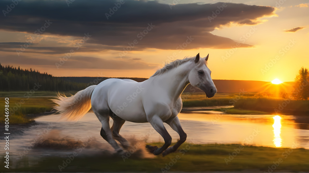 Graceful White Horse Galloping Along Riverside at Sunset, Generative AI Graceful White Horse Galloping Along Riverside at Sunset, Generative AI
