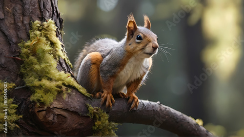 Curious Squirrel Perched on Tree Branch in Woodland, Generative AI © vallel.-.