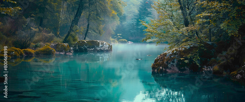 A tranquil teal-colored river winding its way through a lush forest  inviting peaceful contemplation.