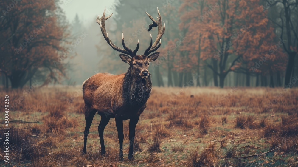 Deer in field amidst trees, backdrop of foggy air Deer in field amidst trees, backdrop of foggy air