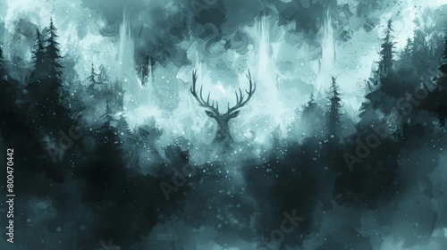   A deer painted in a forest, standing centrally amidst fog and shedding snow from antlers photo