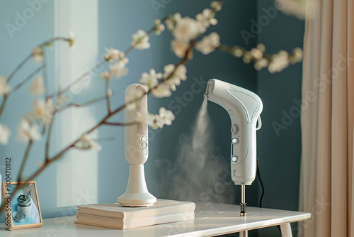 A handheld garment steamer with a continuous steam function, effortlessly removing wrinkles from clothes.