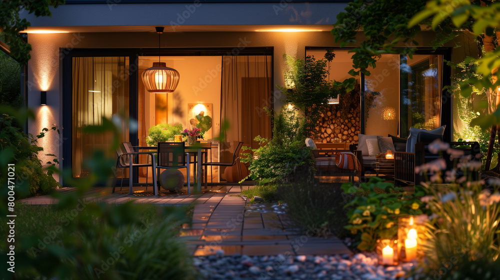 Summer evening in beautiful modern suburban house patio and porch, evening scene with warm color lights, peaceful, quite romantic evening