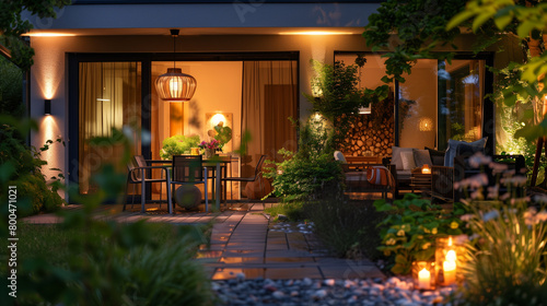 Summer evening in beautiful modern suburban house patio and porch  evening scene with warm color lights  peaceful  quite romantic evening