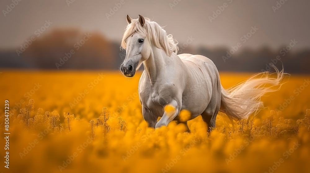 A white horse gallops through a sunlit field, surrounded by tall grass and a riot of yellow wildflowers In the distance, trees dot the background A white horse gallops through a sunlit field, surrounded by tall grass and a riot of yellow wildflowers In the distance, trees dot the background