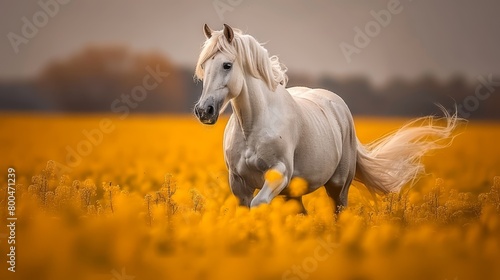   A white horse gallops through a sunlit field  surrounded by tall grass and a riot of yellow wildflowers In the distance  trees dot the background