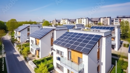 Eco-friendly apartment buildings with solar panels on roofs surrounded by autumn trees. Apartment buildings with environmentally friendly large batteries on rooftops on edge of multi-colored trees © Stavros