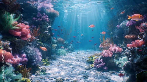 A colorful underwater scene with a path of coral and fish swimming by