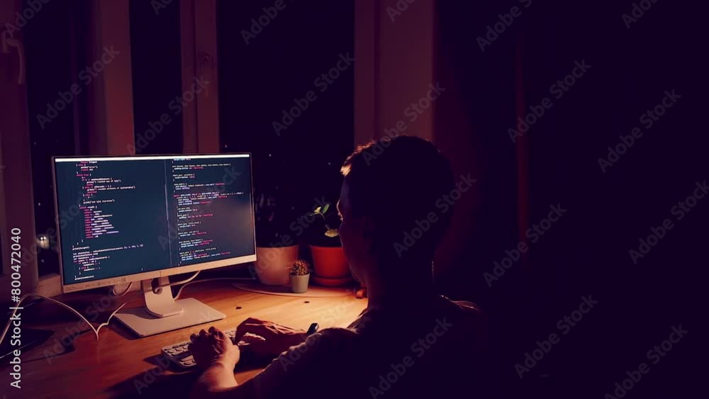 A young man programmer coding on a laptop in the dark with a view of ...