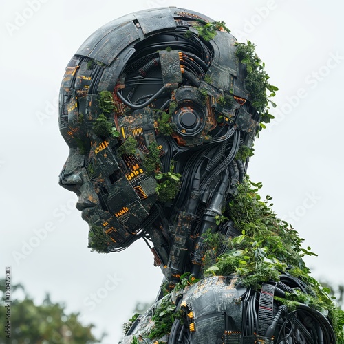 Eco-friendly robot head with lush greenery photo